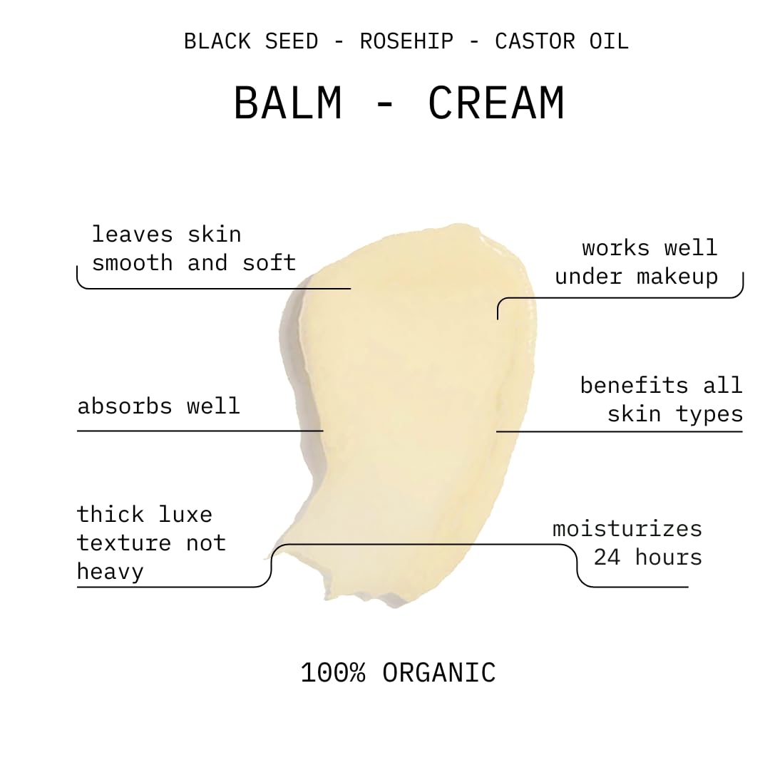 Rosehip, Black Seed, Castor Oil Organic Fortifying Face Cream Treatment Balm Powerful Anti-Aging Natural Moisturizer Nourishing Miracle Balm For Glowing Supple Radiant Skin Glass Jar