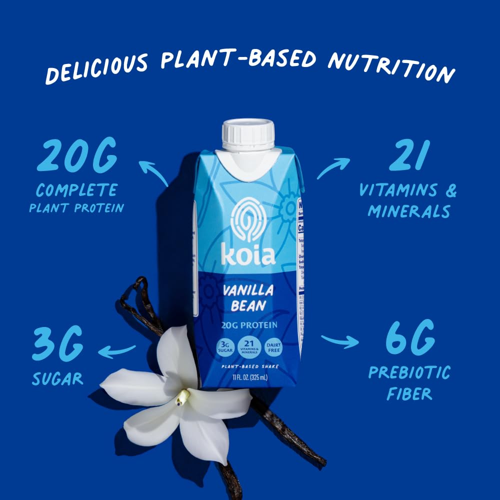 Koia Plant Based Protein Shake, Vanilla Bean, 20g Protein, 3g Sugar, 6g Prebiotic Fiber, 21 Vitamins & Minerals, Dairy-Free, Gluten-Free, Non-GMO, 11 Fl Oz (Pack of 12)
