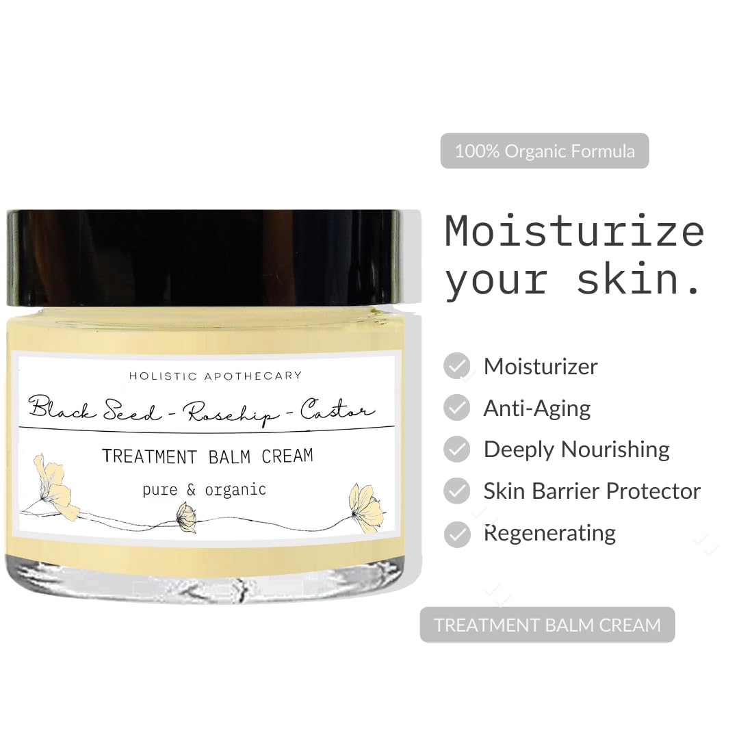 Rosehip, Black Seed, Castor Oil Organic Fortifying Face Cream Treatment Balm Powerful Anti-Aging Natural Moisturizer Nourishing Miracle Balm For Glowing Supple Radiant Skin Glass Jar