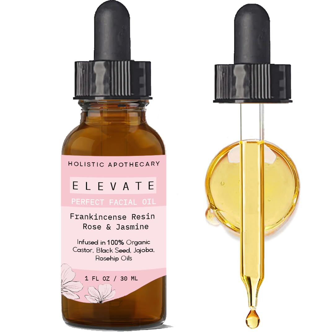 Frankincense Resin Infused Organic Black Seed, Castor & Jojoba Oils with Jasmine & Rose ELEVATE Facial Oil Anti-Age Radiant Botanical Face Oil Moisturizer, Hydrating, Nourishing