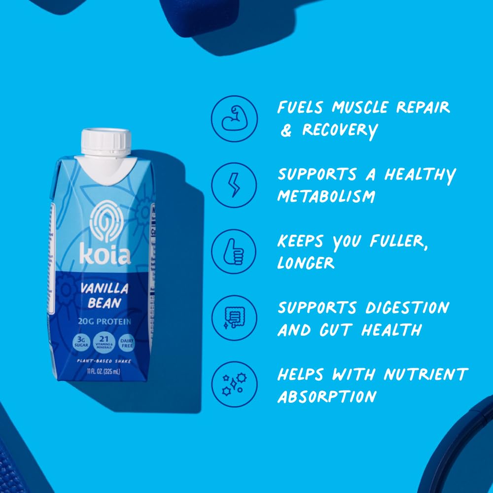 Koia Plant Based Protein Shake, Vanilla Bean, 20g Protein, 3g Sugar, 6g Prebiotic Fiber, 21 Vitamins & Minerals, Dairy-Free, Gluten-Free, Non-GMO, 11 Fl Oz (Pack of 12)