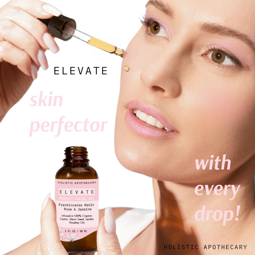 Frankincense Resin Infused Organic Black Seed, Castor & Jojoba Oils with Jasmine & Rose ELEVATE Facial Oil Anti-Age Radiant Botanical Face Oil Moisturizer, Hydrating, Nourishing