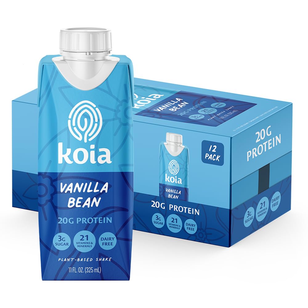 Koia Plant Based Protein Shake, Vanilla Bean, 20g Protein, 3g Sugar, 6g Prebiotic Fiber, 21 Vitamins & Minerals, Dairy-Free, Gluten-Free, Non-GMO, 11 Fl Oz (Pack of 12)