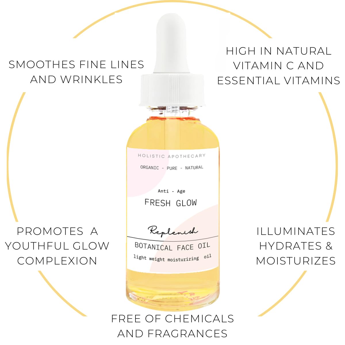 Glow Face Oil Organic Anti-Aging Facial Oils Nourishing Firming Plumping Moisturizing Rosehip, Squalene, Jojoba, Evening Primrose, Camellia, Tumeric, Frankinscnce, Calendula, Helichrysum, Chamomile