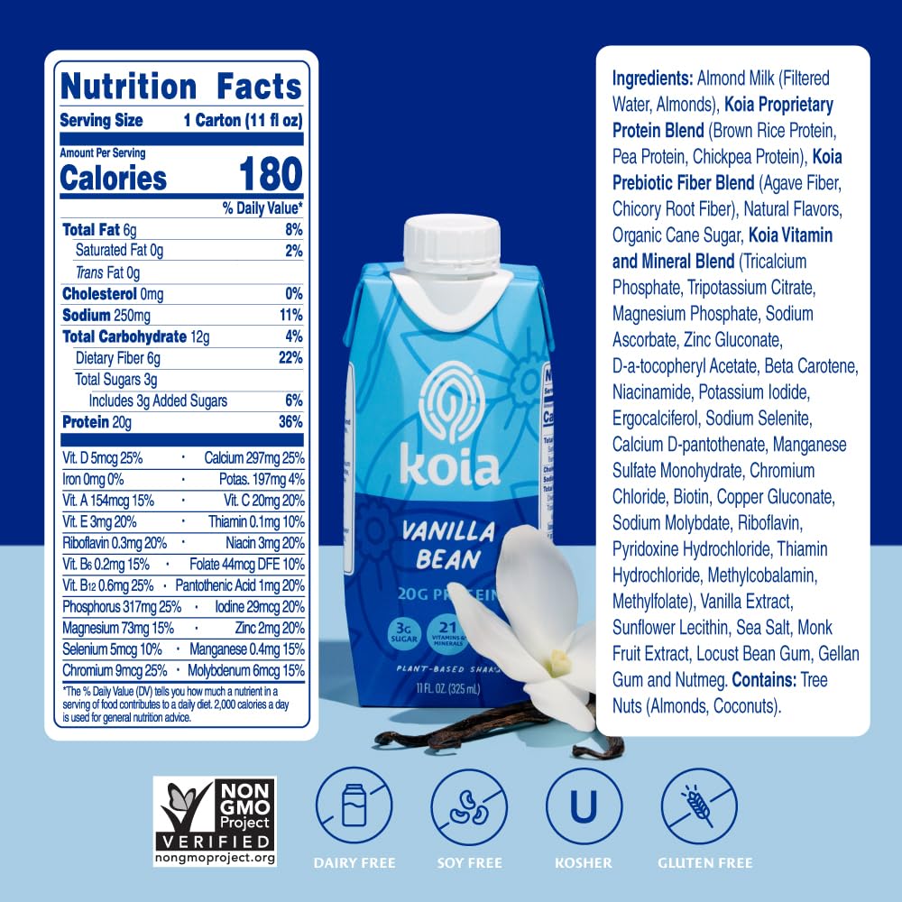 Koia Plant Based Protein Shake, Vanilla Bean, 20g Protein, 3g Sugar, 6g Prebiotic Fiber, 21 Vitamins & Minerals, Dairy-Free, Gluten-Free, Non-GMO, 11 Fl Oz (Pack of 12)
