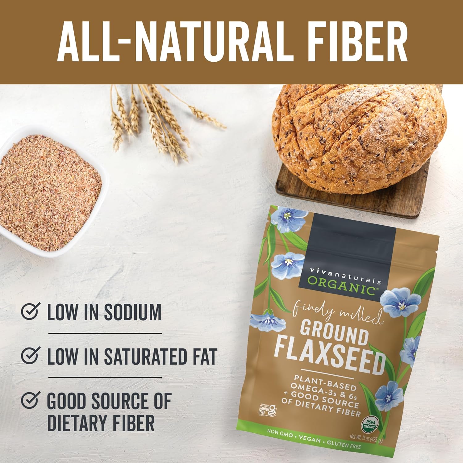 Viva Naturals Organic Ground Flaxseed, 15 oz (425 g) – Plant-Based Protein, Vegan Omega-3 & Fiber, Finely Milled Flax Seeds, Perfect for Smoothies & Baking