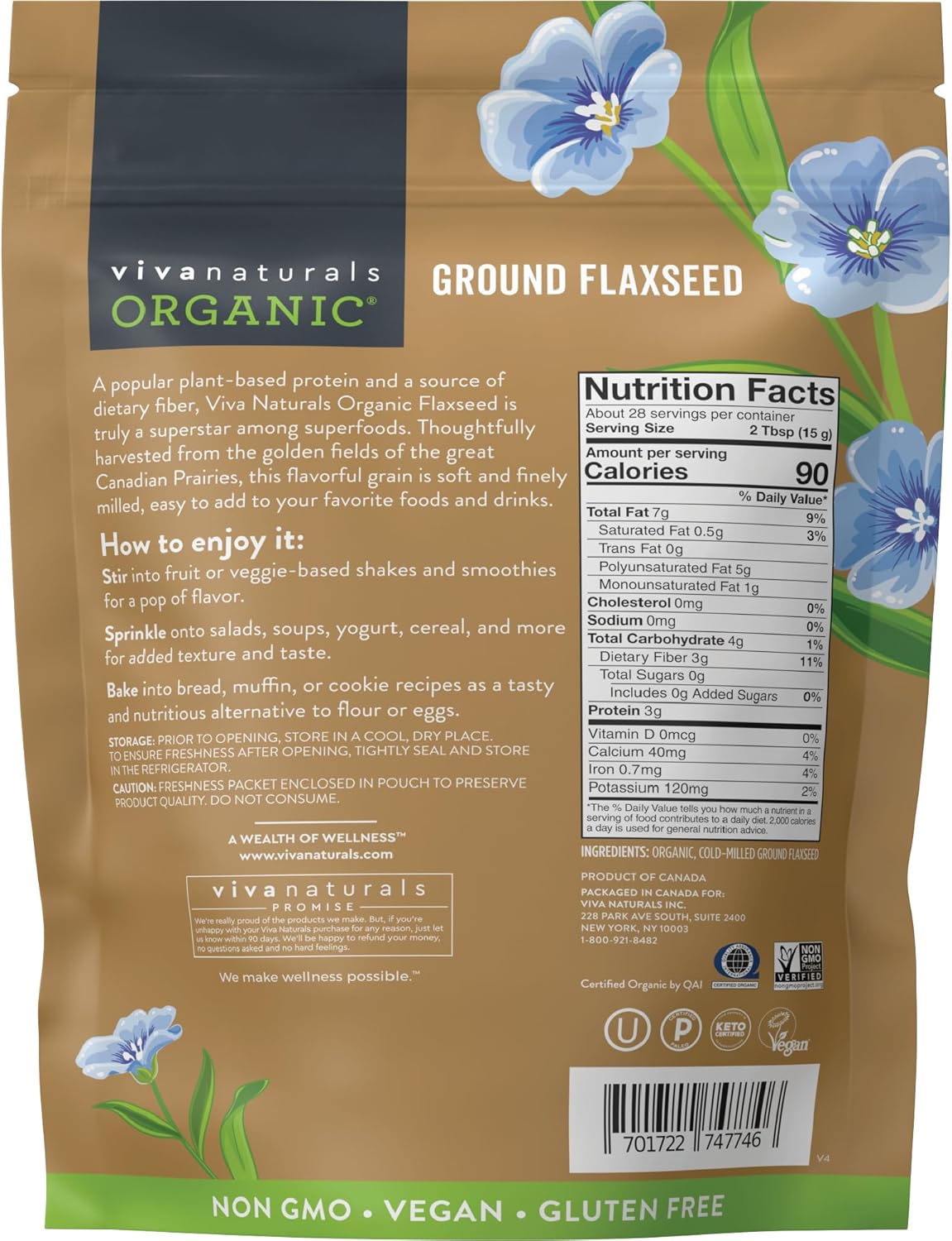 Viva Naturals Organic Ground Flaxseed, 15 oz (425 g) – Plant-Based Protein, Vegan Omega-3 & Fiber, Finely Milled Flax Seeds, Perfect for Smoothies & Baking