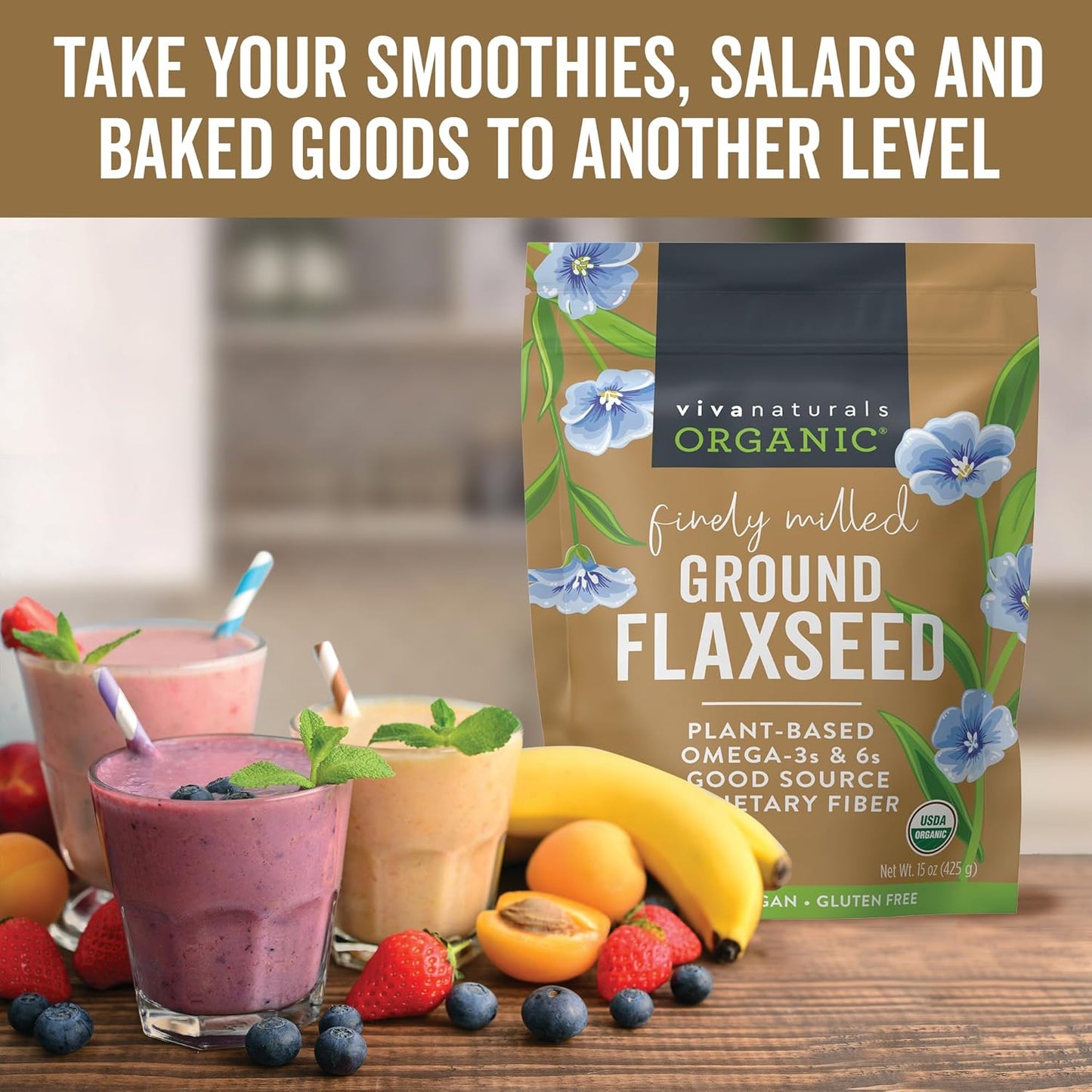 Viva Naturals Organic Ground Flaxseed, 15 oz (425 g) – Plant-Based Protein, Vegan Omega-3 & Fiber, Finely Milled Flax Seeds, Perfect for Smoothies & Baking