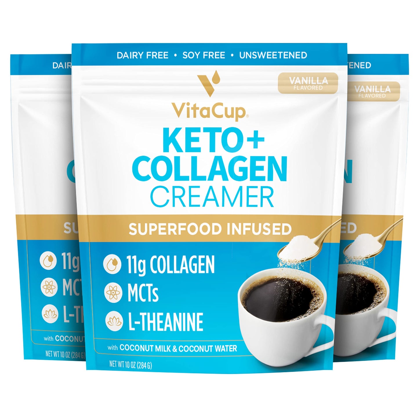 VitaCup Keto + Collagen Coffee Creamer Vanilla Flavor with MCT, Collagen Protein, Coconut Water, L-Theanine for Keto Diet, Use in Coffee, Smoothies, & Shakes, Dairy-Free, Gluten-Free, Soy-Free, 10oz